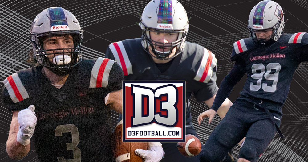 Three football players in action with D3football.com logo