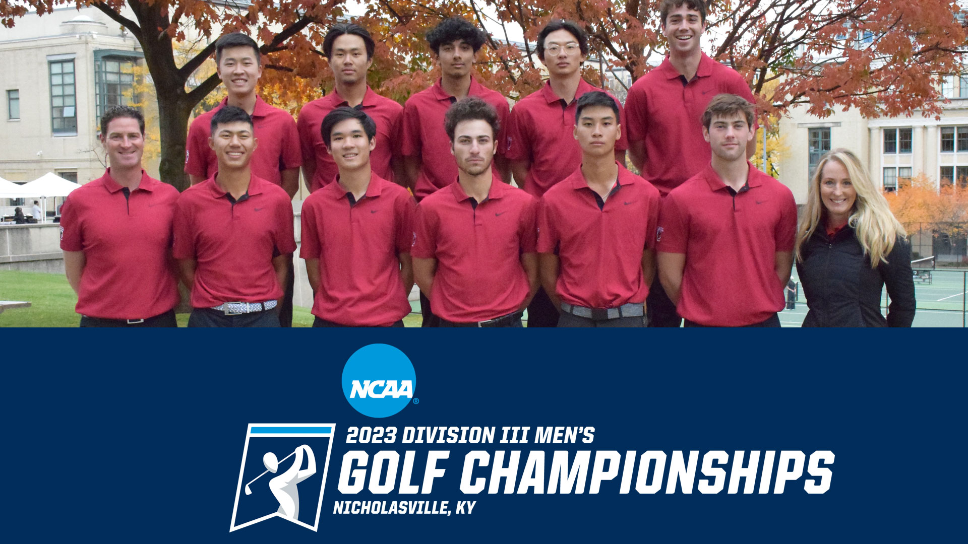 group photo of men's golf team standing in two rows wearing red shirts with the NCAA Men's Golf Championship logo at the bottom