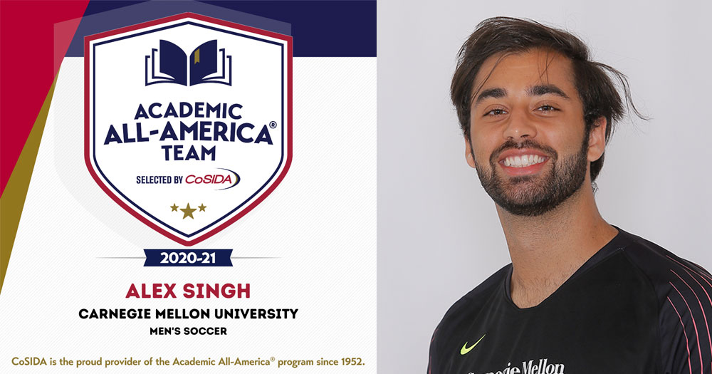 Academic All-America Team Selected by CoSIDA 2020-21 Alex Singh Carnegie Mellon University Men's Soccer with portrait of Alex Singh