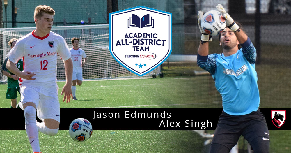 men's soccer player wearing all white dribbling the ball, the Academic All-District Team logo, a men's soccer goalkeeper and text reading Jason Edmunds and Alex Singh