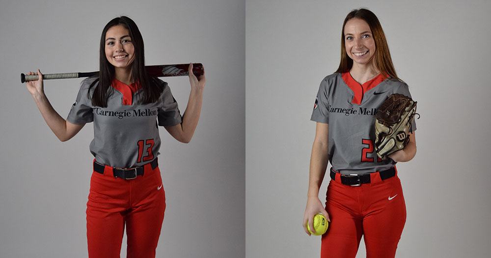 women's softball player holding a bat on the left and women's softball player with a ball and glove on the right