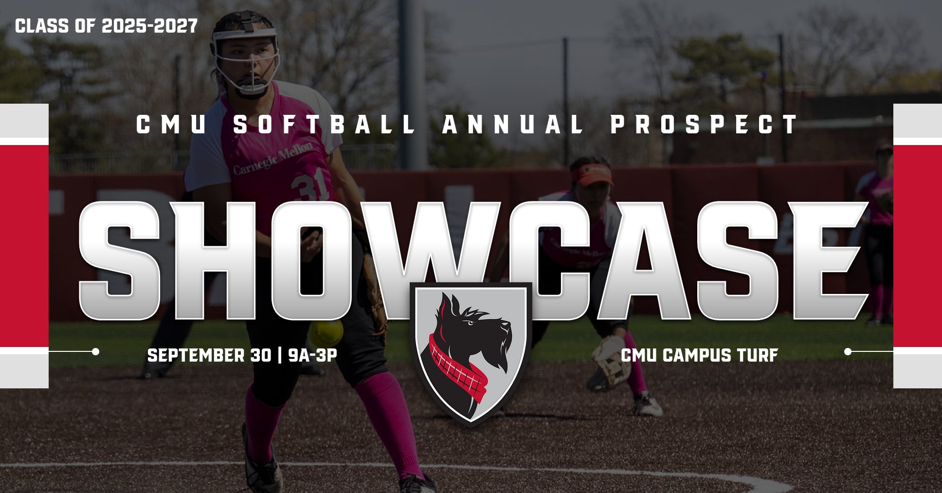 softball player in background with text covering image saying CMU Softball Annual Prospect Showcase