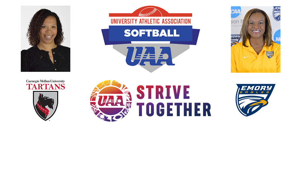 portrait images of two black women with UAA Softball logo in between. Carnegie Mellon Tartans logo, UAA Strive Together logo, and Emory logo