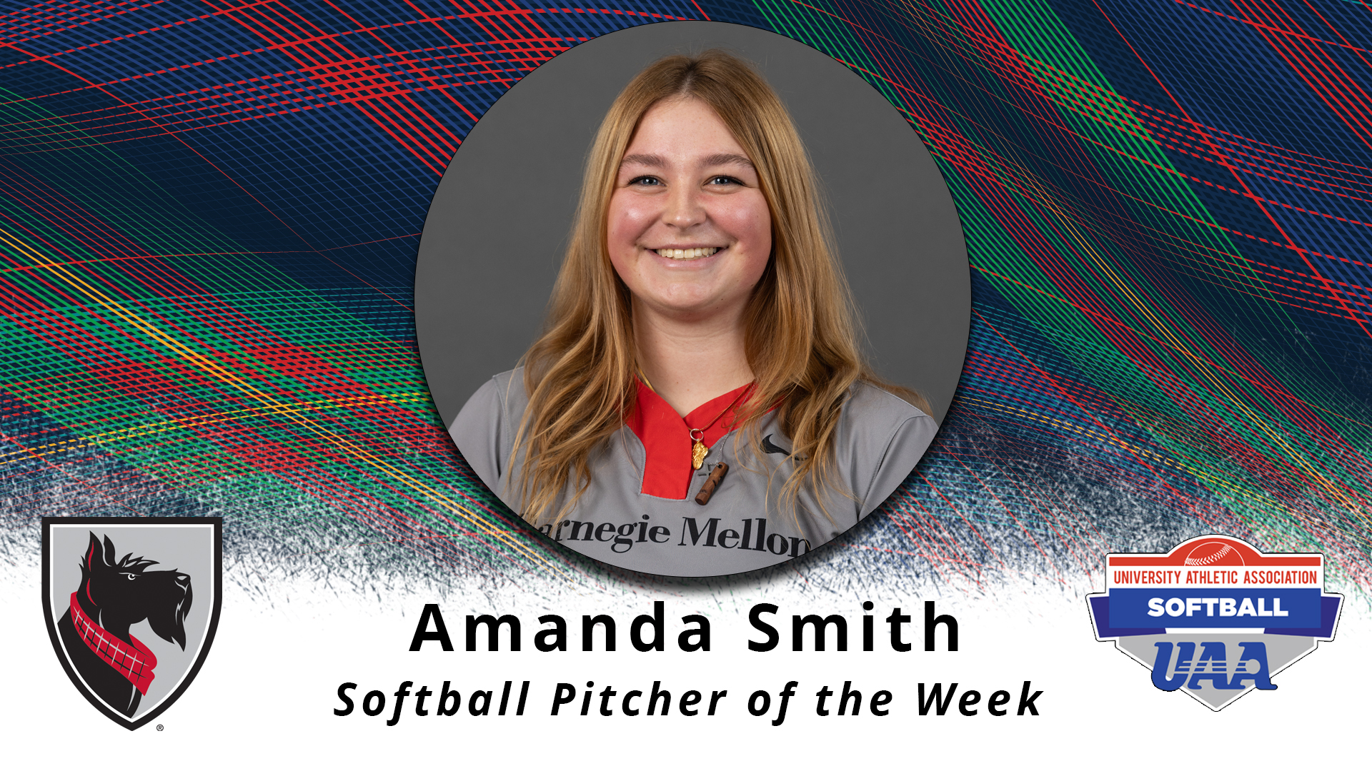 a portrait type photo of a female framed in a circle with text reading Amanda Smith Softball Pitcher of the Week