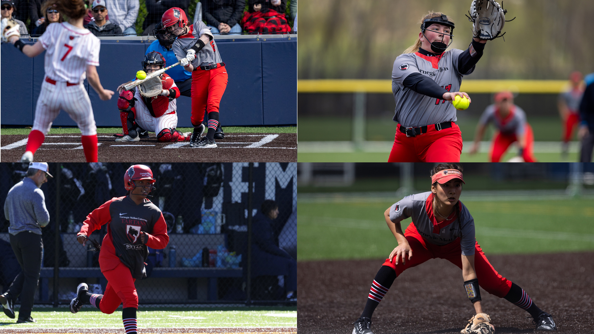 four images of women's softball players batting, pitching, running, and fielding
