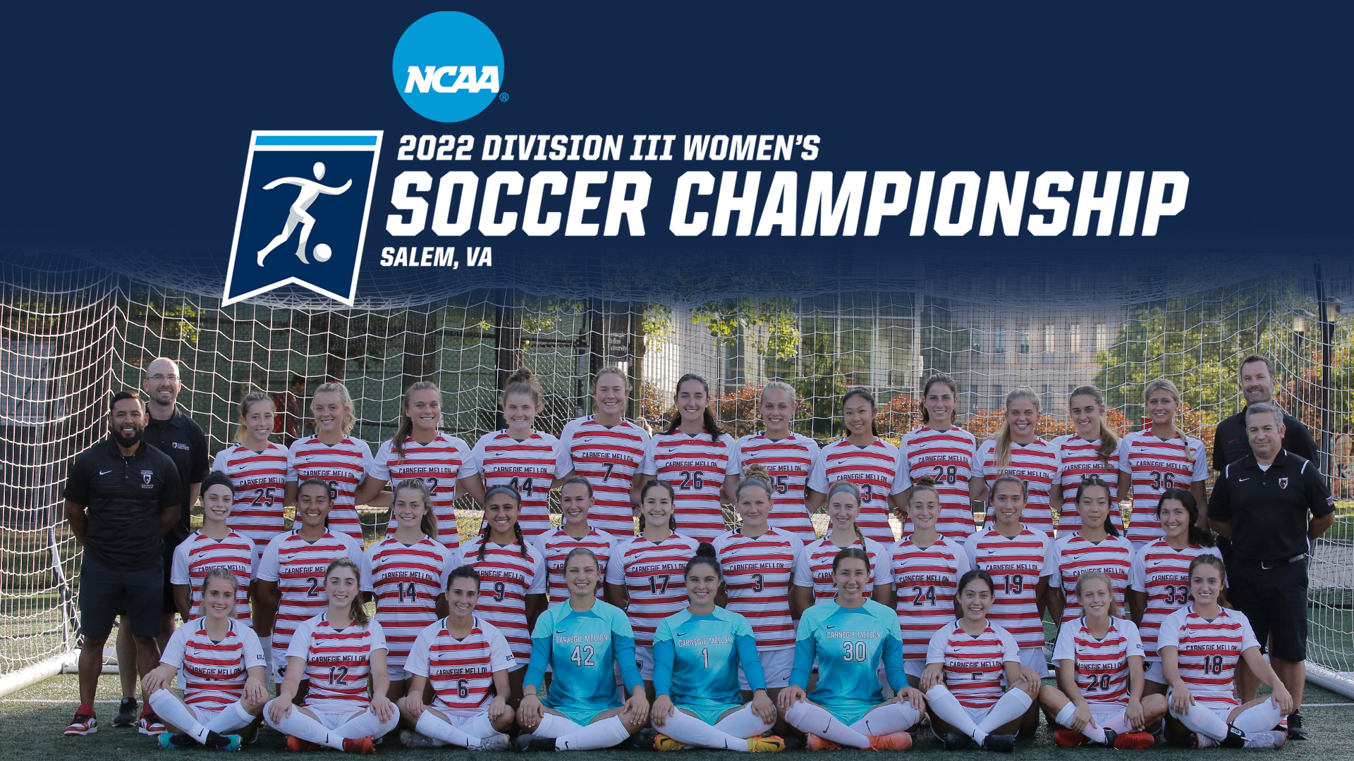 women's soccer team photo with players in three rows and text reading 2022 Division III Women's Soccer Championship