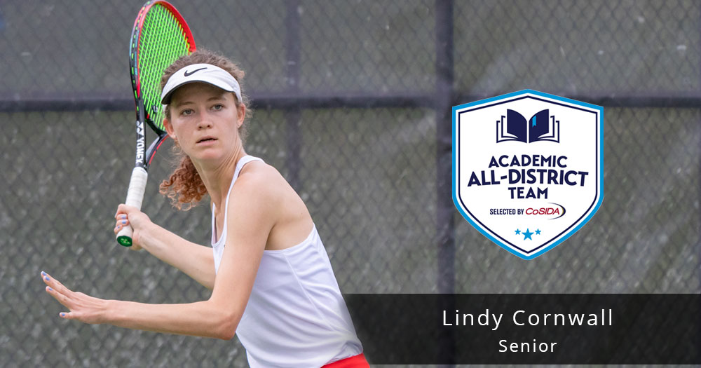 women's tennis player wearing white tank top and white visor swinging a racket, with CoSIDA Academic All-District logo and text reading Lindy Cornwall Senior