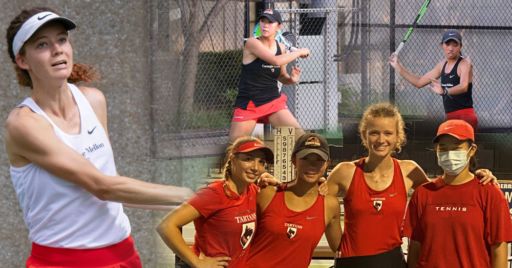 collage of three women's tennis players in action with a group shot of four players standing together