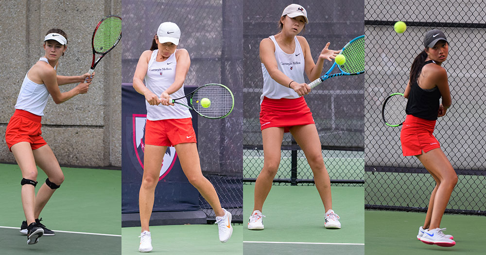 four individual women's tennis players in action