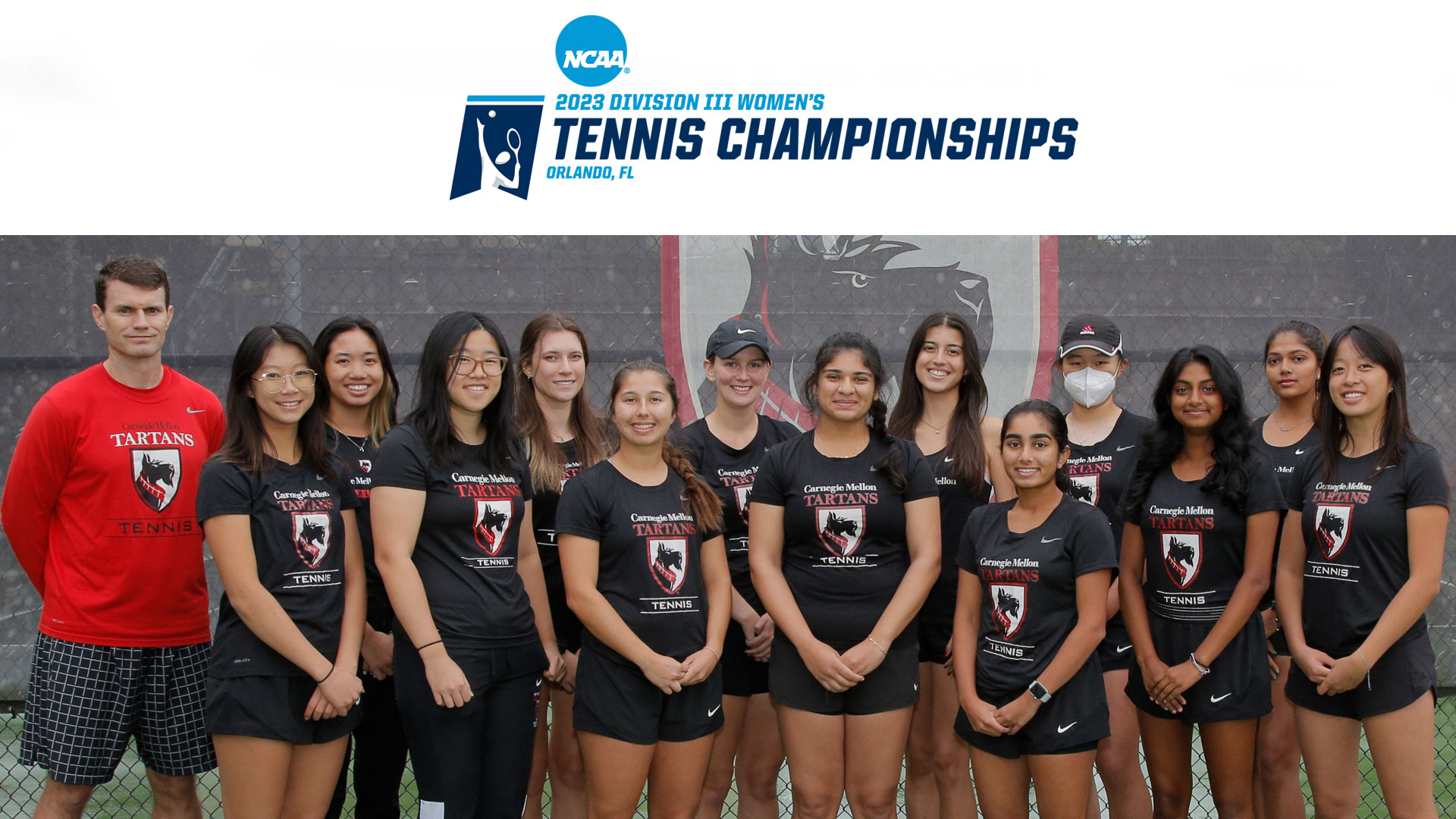 women's tennis team photo with coach on left and players in two rows - text reads NCAA DIII Women's Tennis Championships