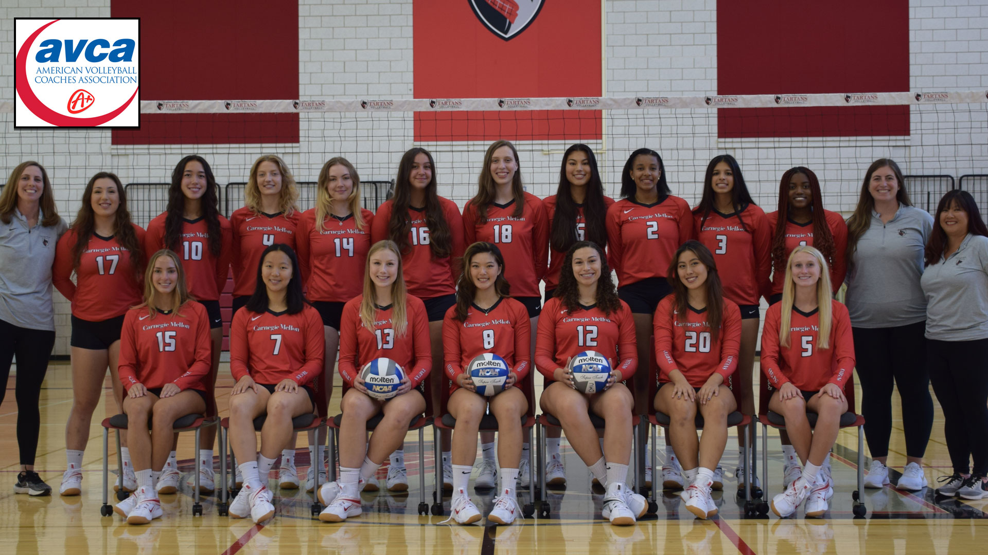 group photo of a women's volleyball team with one row standing and one sitting, logo of AVCA Academic Award in top left corner