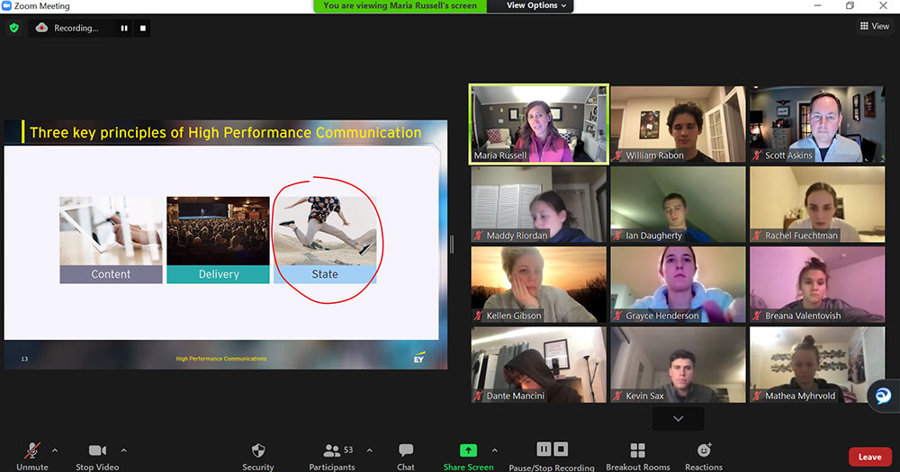 Zoom meeting with presentation to left and four rows of three participants with video on