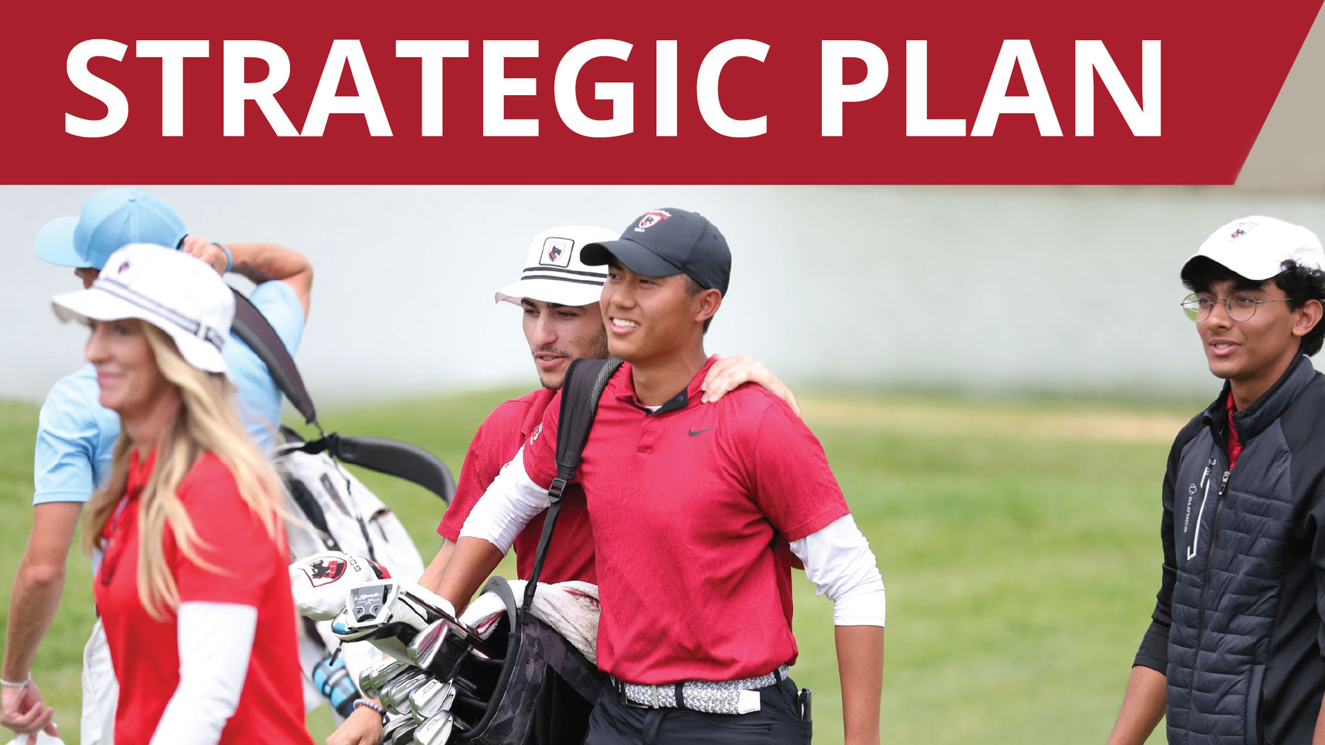 four people walking off golf course with smiles, text at top reads Strategic Plan