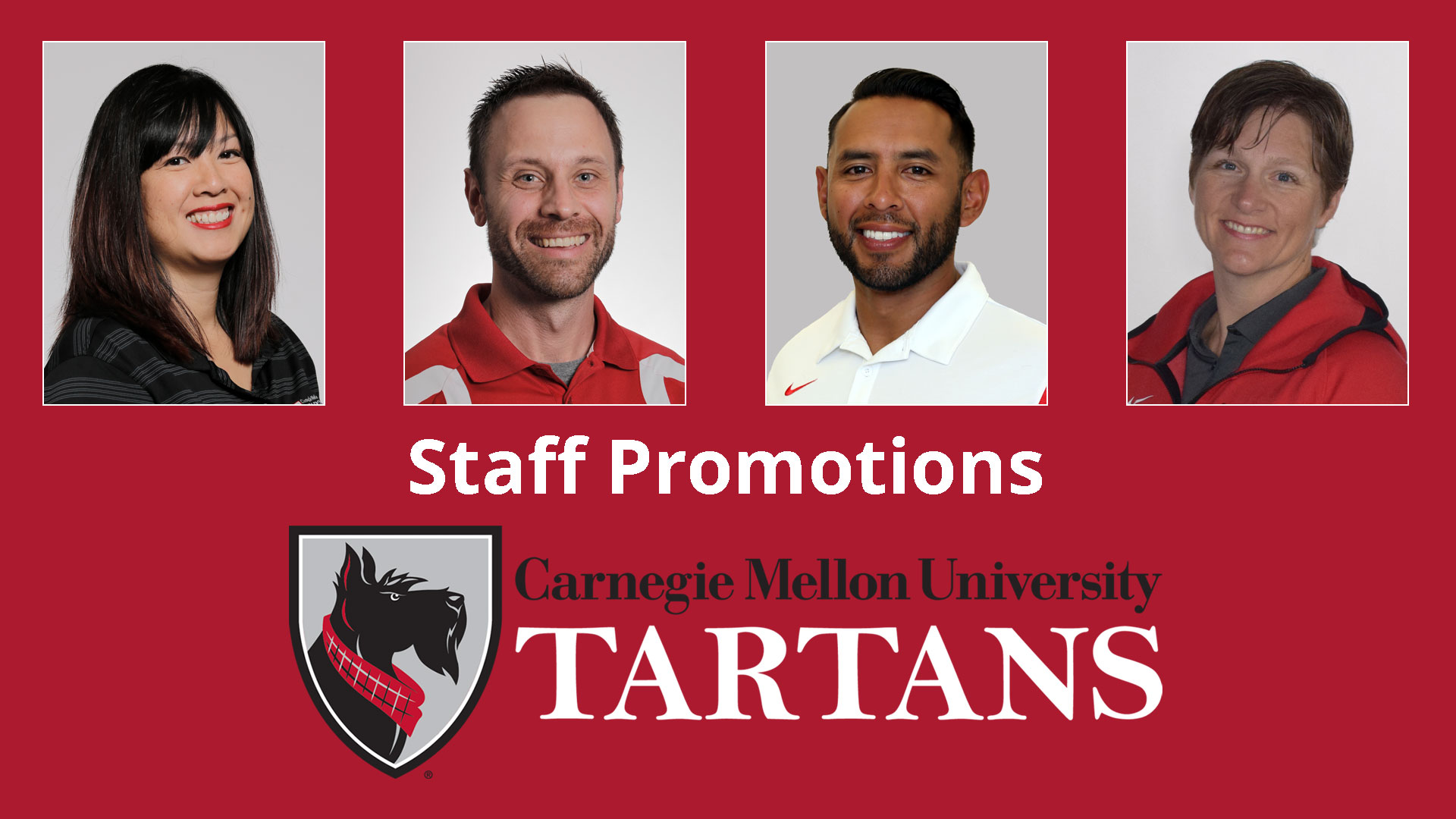 four portrait photos of two women and two men with text reading staff promotions and the Carnegie Mellon Tartans logo