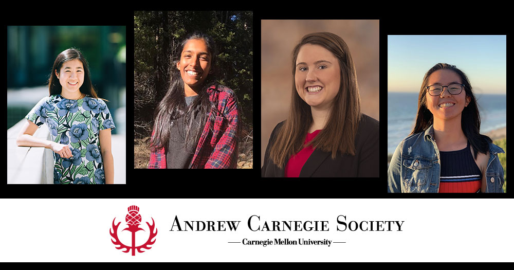 Four individual images of women with the Andrew Carnegie Society Logo