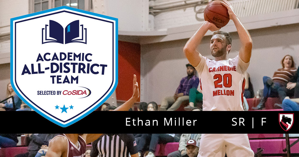 men's basketball player taking a jump shot with Academic All-District Team logo to the left and text Ethan Miller SR | F