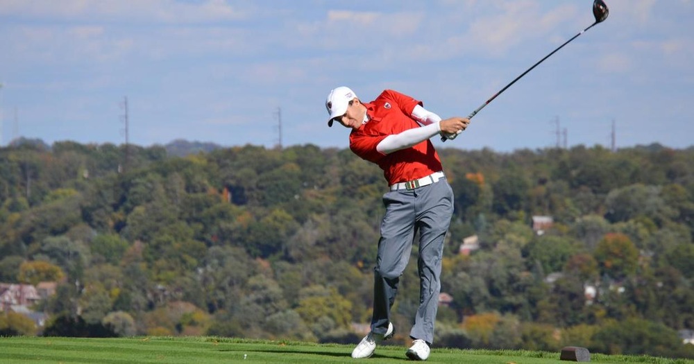 men's golfer mid swing with trees in the background