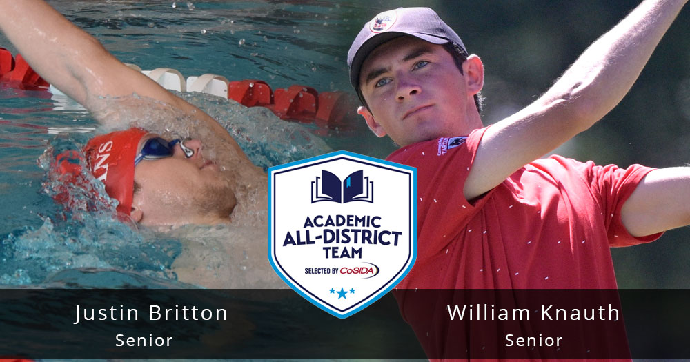 men's swimmer and men's golfer in action with CoSIDA Academic All-District logo and text reading Justin Britton Senior and William Knauth Senior