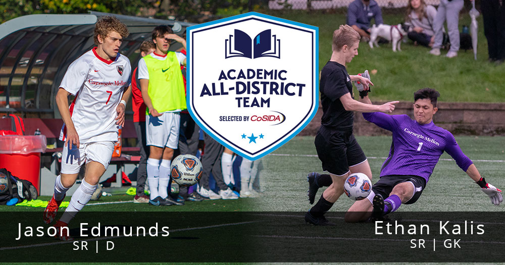 men's soccer player wearing white on the left with a men's soccer goalkeeper wearing purple sliding for a ball on the right. CoSIDA Academic All-District Team logo in the center. Text on left says Jason Edmunds Senior Defender. Text on right says Ethan Kalis Senior Goalkeeper
