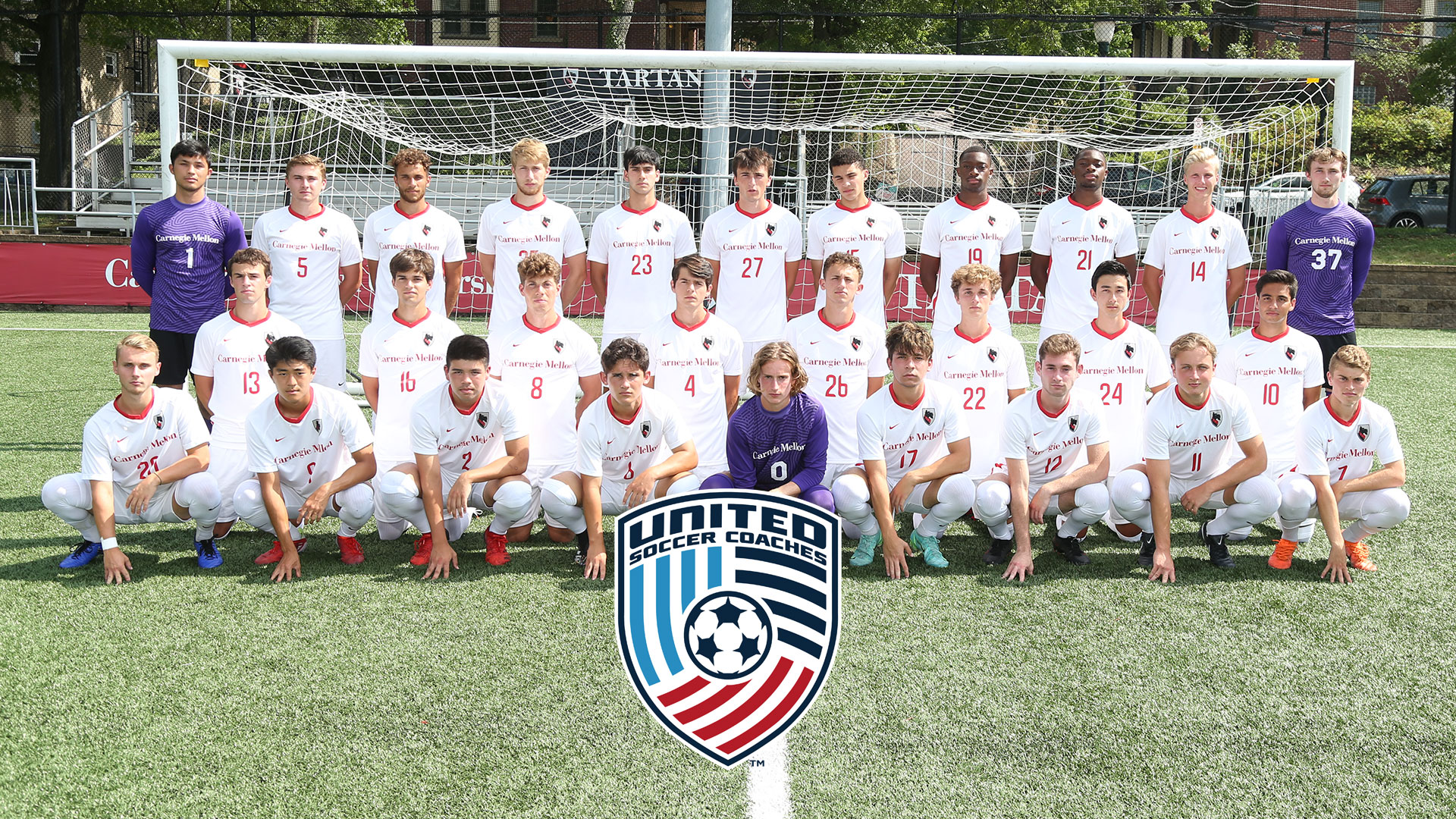 men's soccer group photo with United Soccer Coaches logo