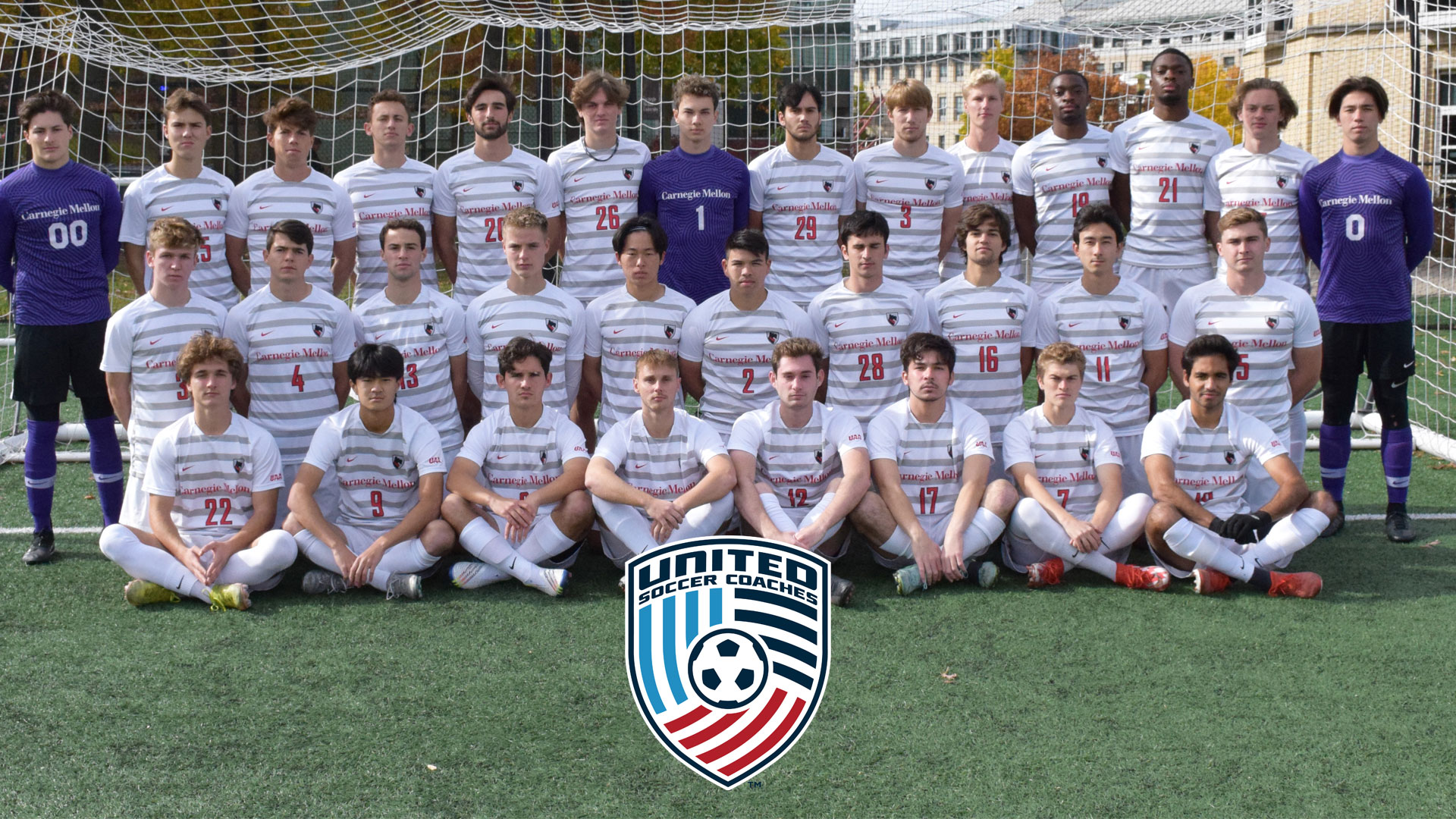 team photo of men's soccer team in three rows with United Soccer Coaches Logo