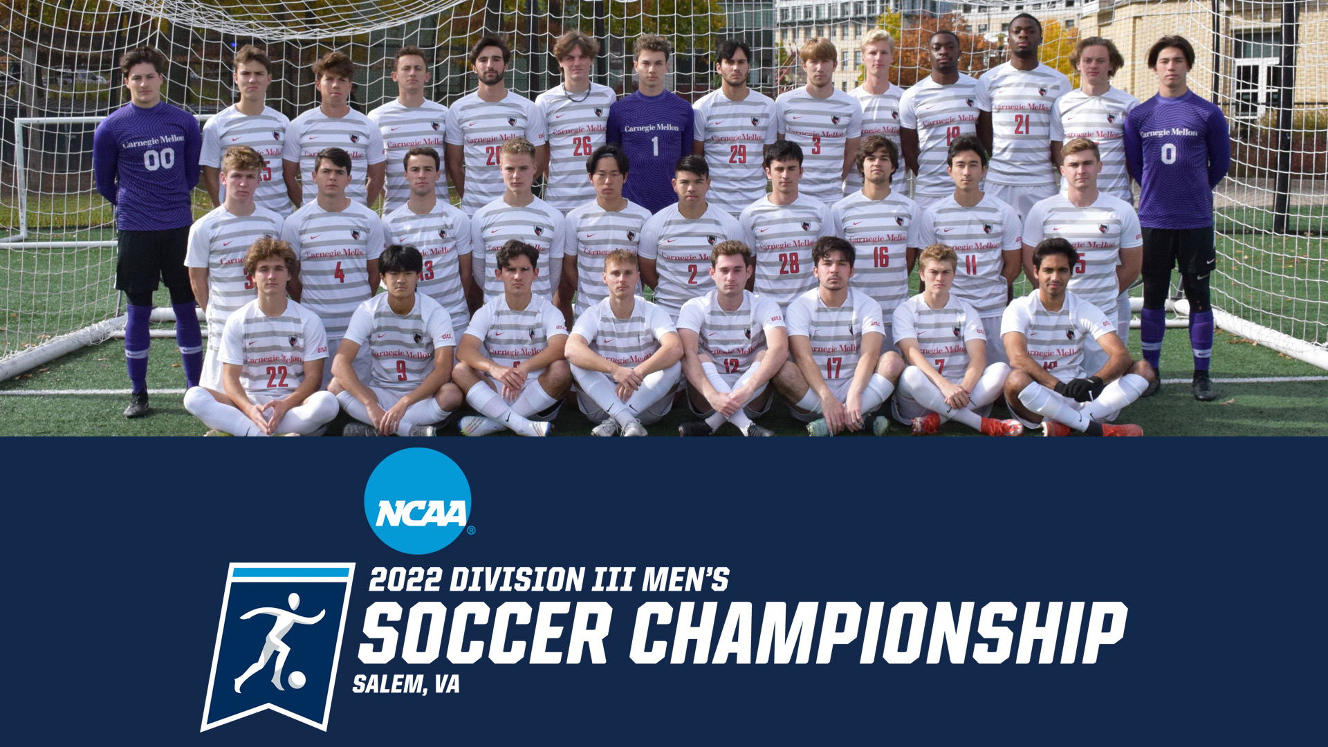 men's soccer team photo with players in three rows and text that reads 2022 Division III Men's Soccer Championship