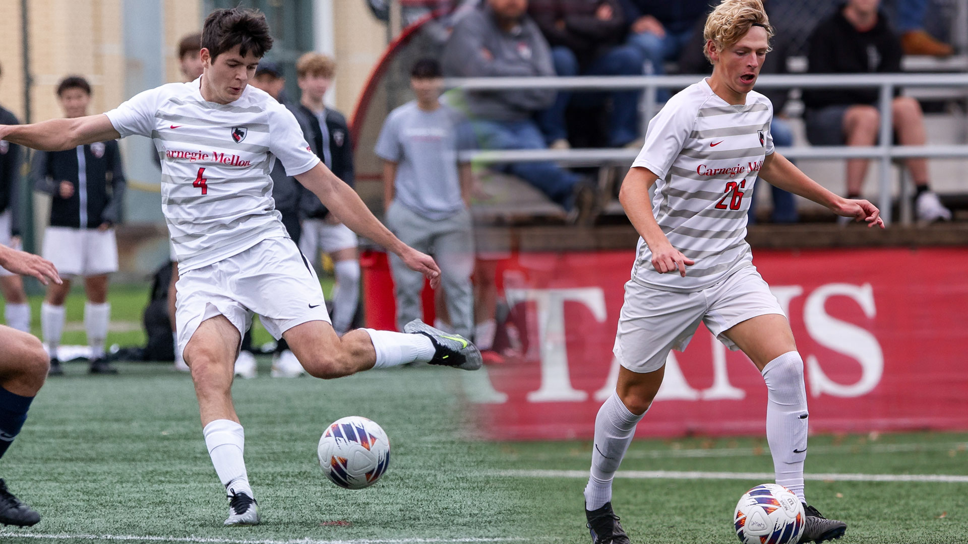 split image of two men's soccer players wearing white uniforms preparing to play the ball at their feet