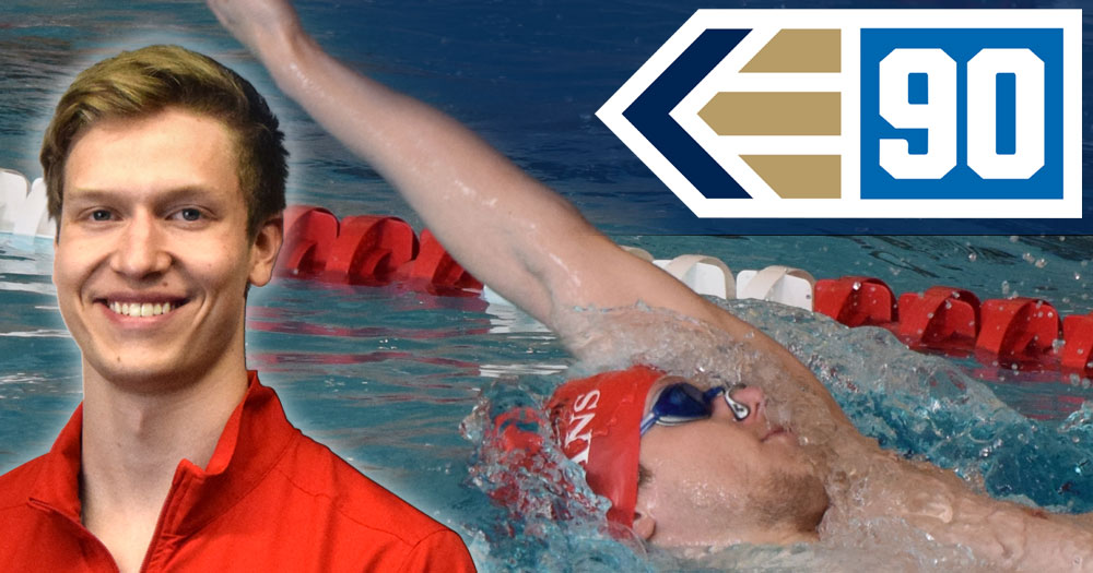 male portrait with men's swimmer doing backstroke and NCAA Elite 90 logo in the top right corner