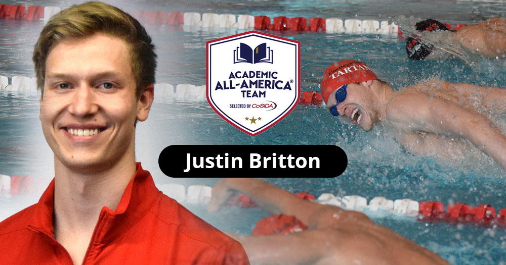headshot of male swimmer with red jacket on with an action image of a male swimmer doing the butterfly with the CoSIDA Academic All-America Team logo and words Justin Britton
