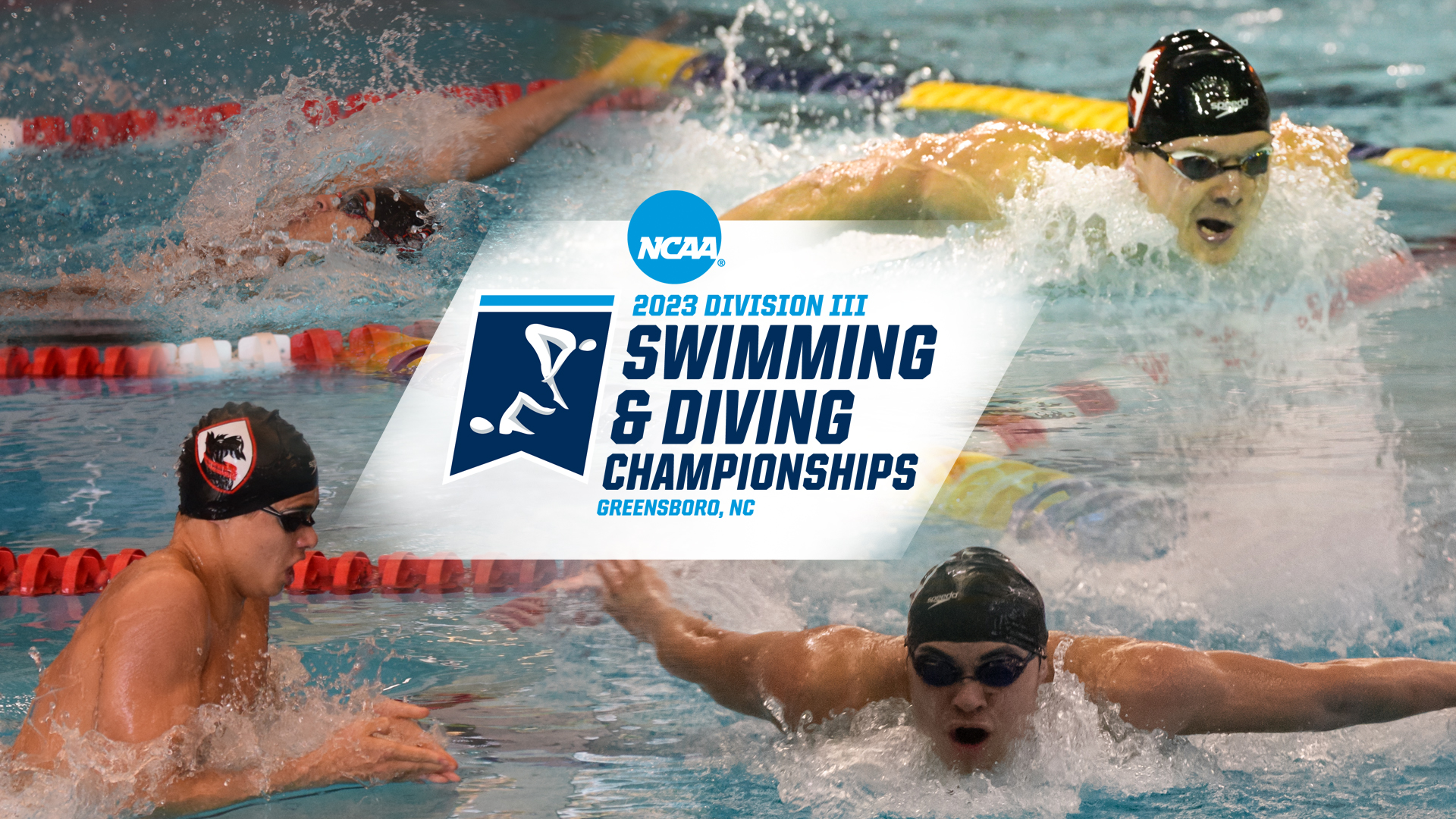collage of four men's swimmers in the corners of the image with the NCAA Swimming and Diving Championships logo in the center