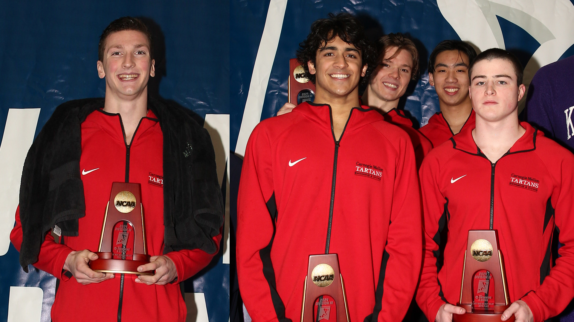 five men in red full-zip jackets holding trophies
