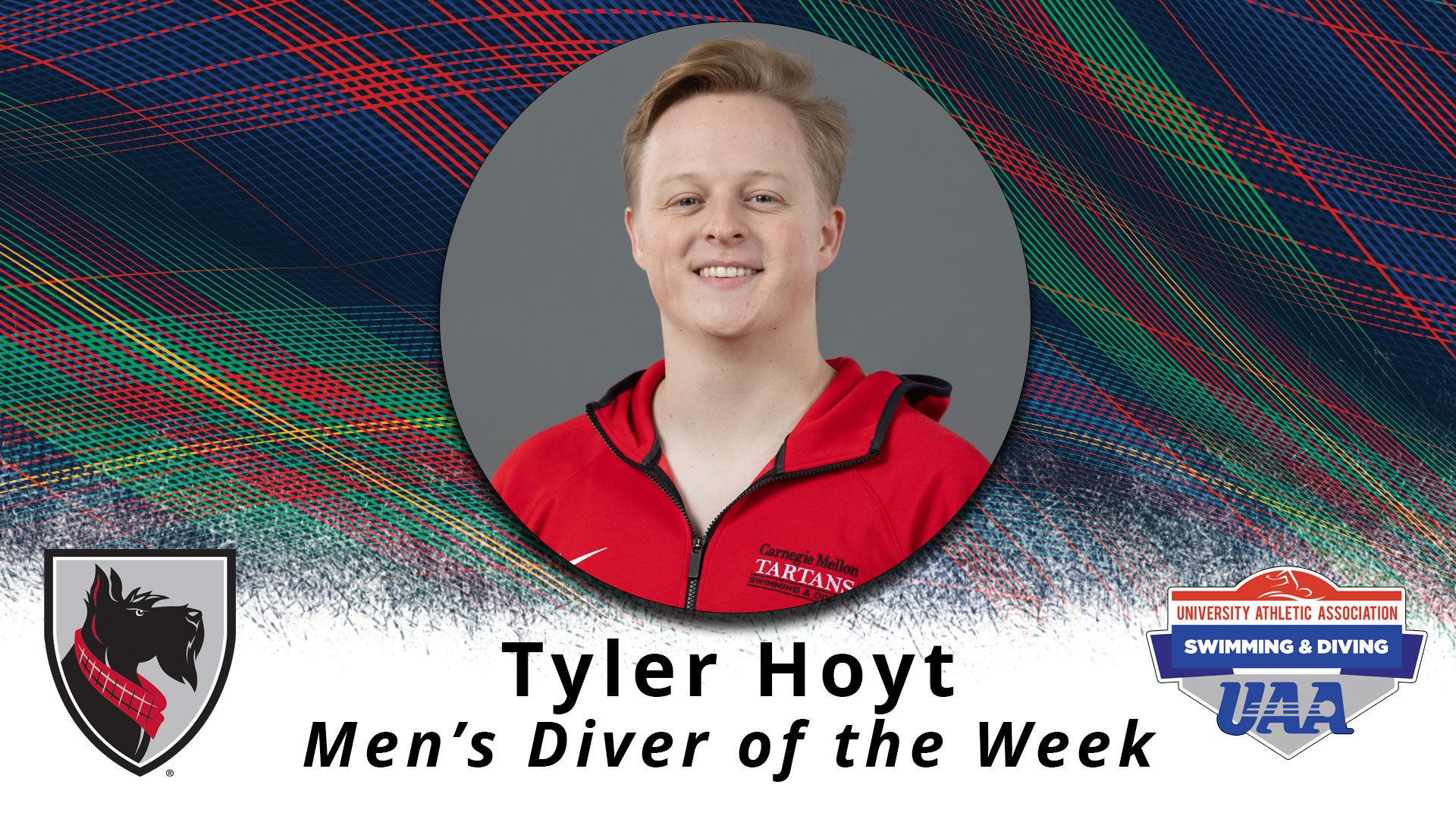 portrait of a male framed in a circle with text readying Tyler Hoyt Men's Diver of the Week