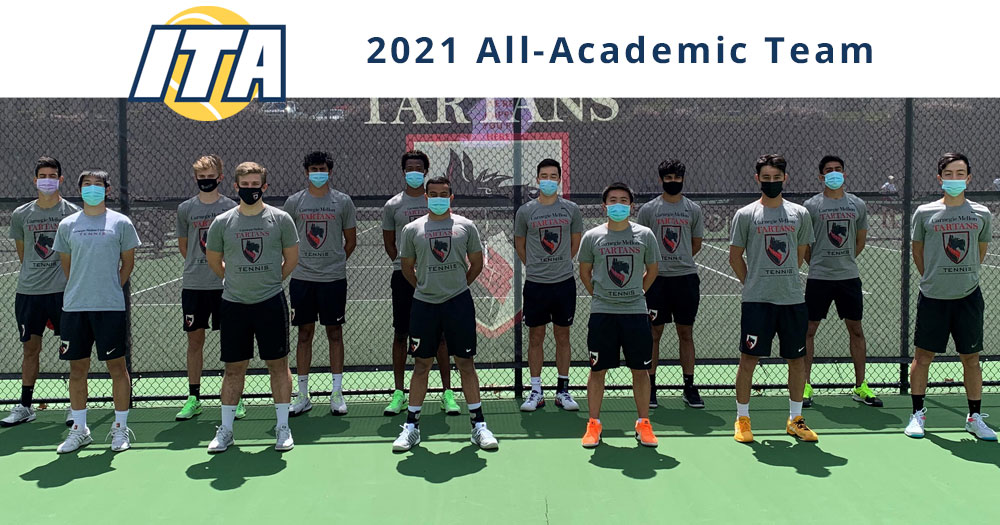 men's tennis players standing for a group picture spaced out with facial coverings with ITA logo and text reading 2021 All-Academic Team