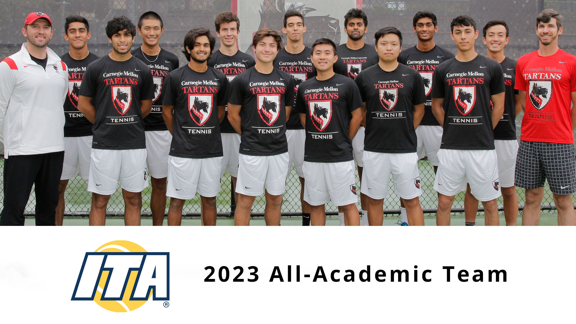 group photo of men's tennis team in two rows wearing black shirts and white shorts logo of ITA at bottom with text reading 2023 All-Academic Team
