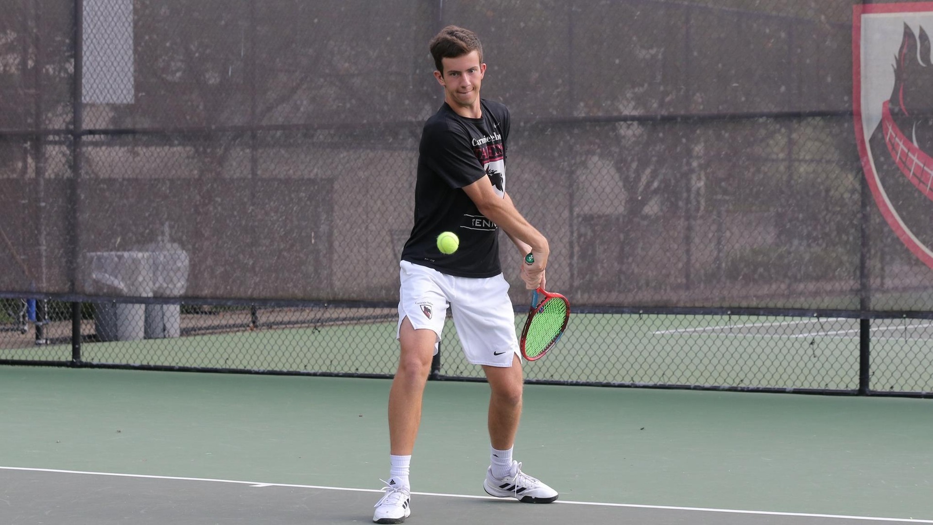 men's tennis player wearing black shirt and white shorts preparing to hit ball with racquet