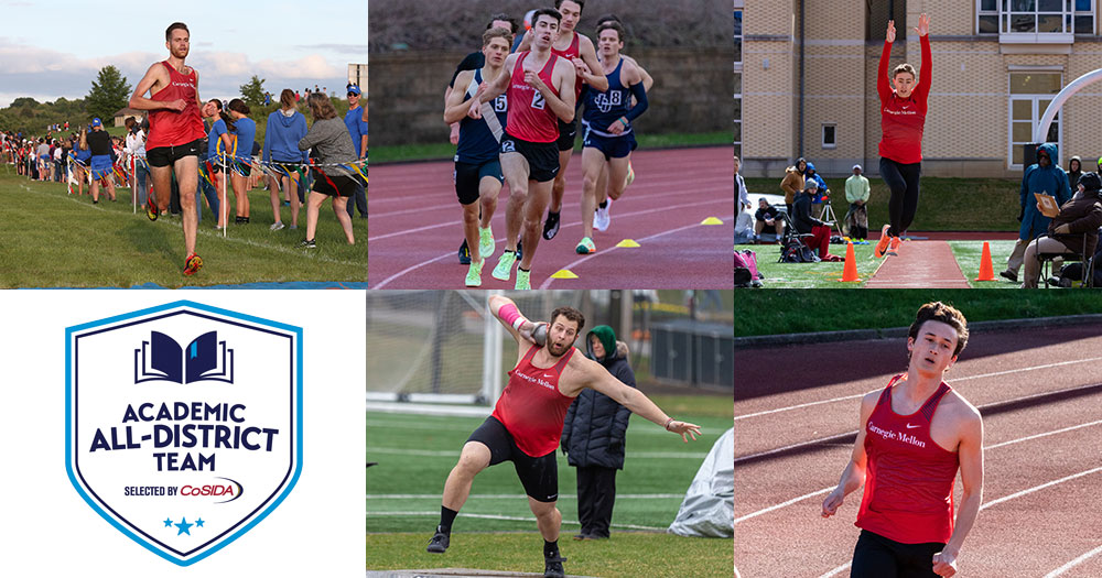 five action photos of men's track and field athletes running, jumping, and throwing a shot put, with CoSIDA Academic All-District Team logo