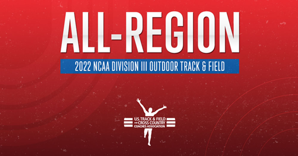 red background with All-Region 2022 NCAA Division III Outdoor Track and Field with logo of a runner moving through a finish line ribbon