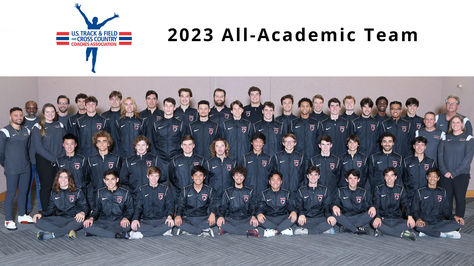 team photo of men's track and field team with USTFCCCA logo and text reading 2023 All-Academic Team