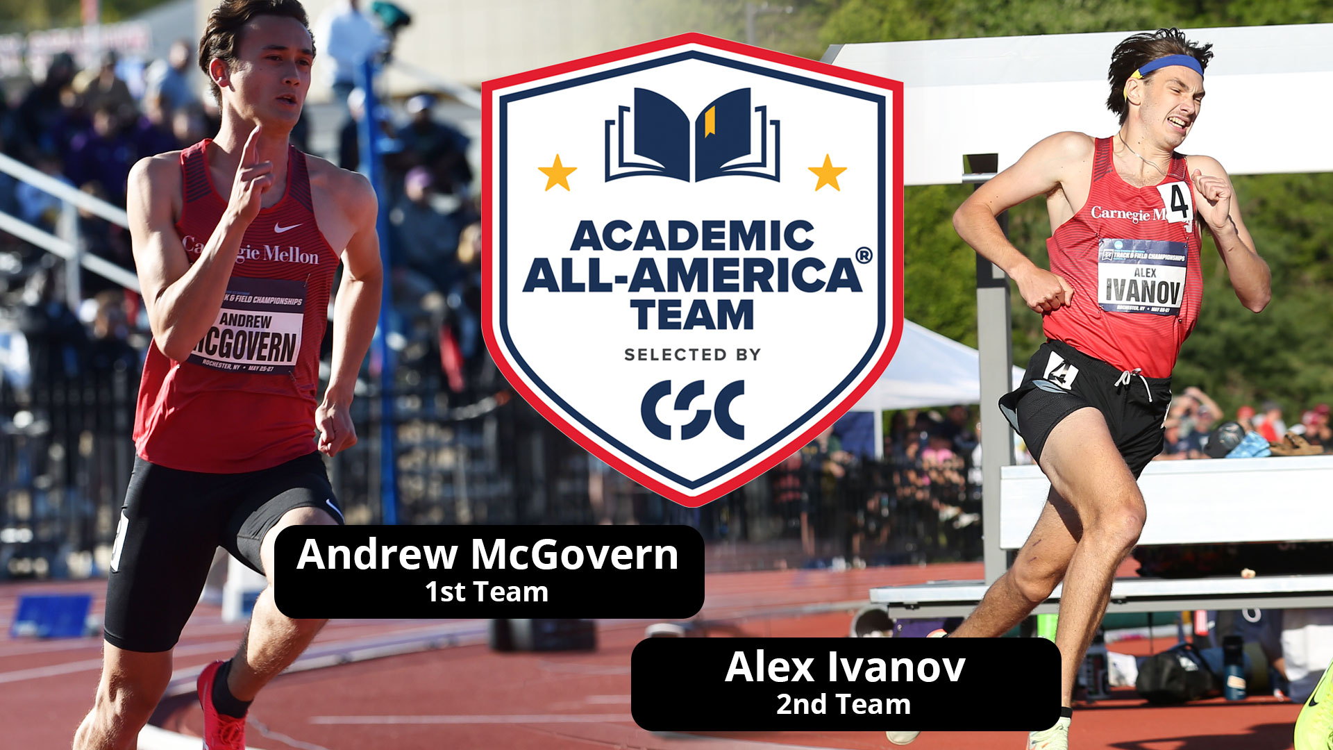 two men's track athletes running with the Academic All-America Team logo and text reading Andrew McGovern 1st Team and Alex Ivanov 2nd Team