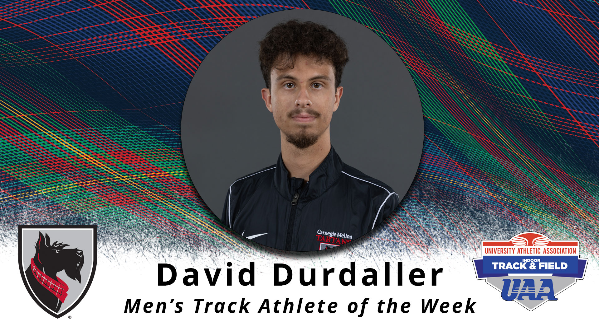 a portrait type photo of a male framed in a circle with text reading David Durdaller Men's Track Athlete of the Week