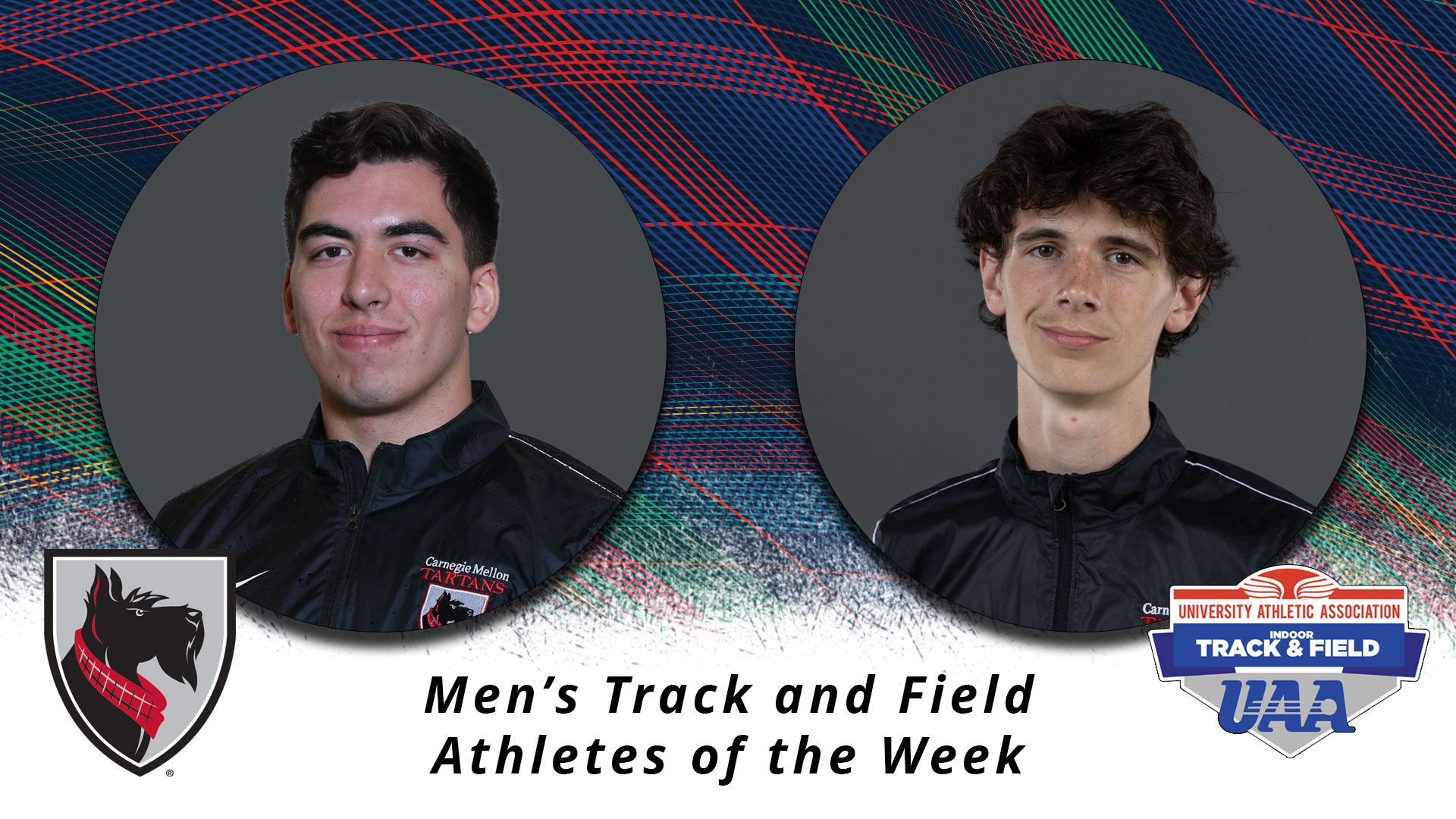 two portrait type photos of men framed in separate circles with text reading Men's Track and Field Athletes of the Week
