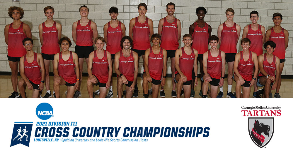 team photo of men's cross country runners with white banner at bottom with NCAA Division III Cross Country Championships logo and Carnegie Mellon Tartans logo