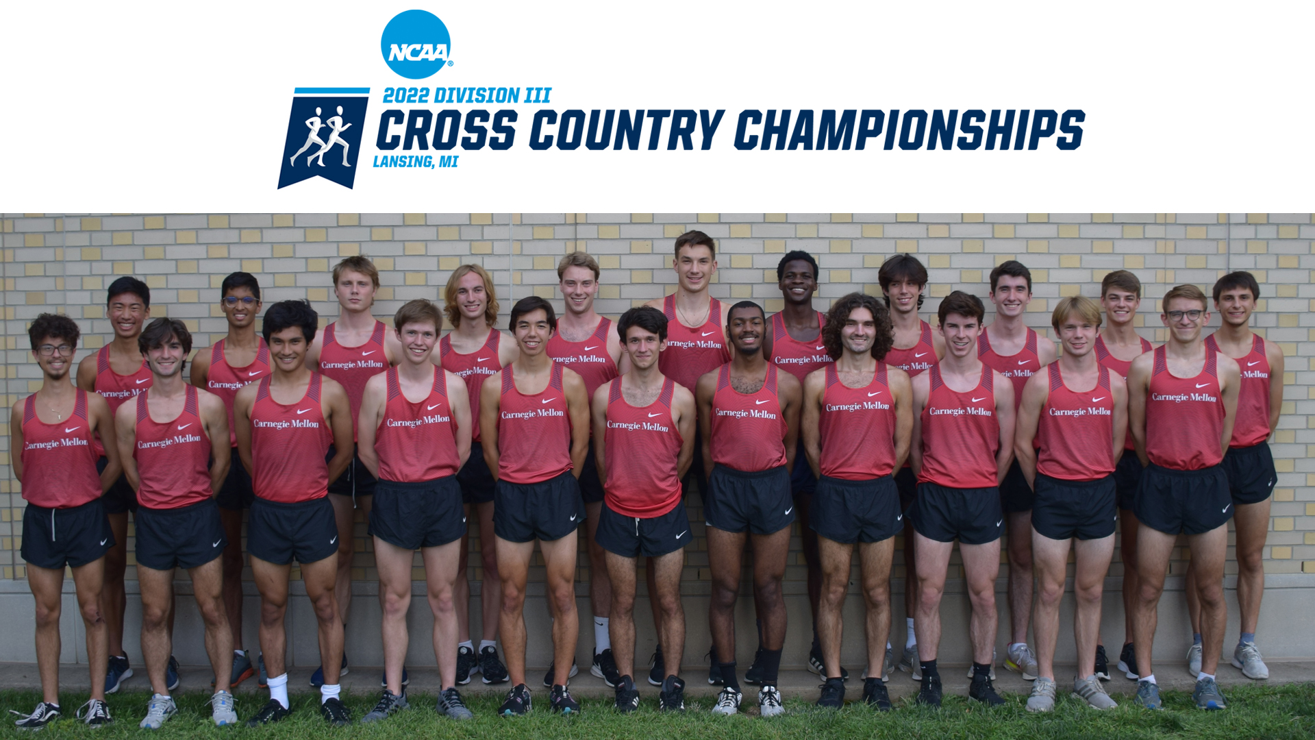 men's cross country team photo with members standing in two rows with NCAA Division III Cross Country Championships Logo