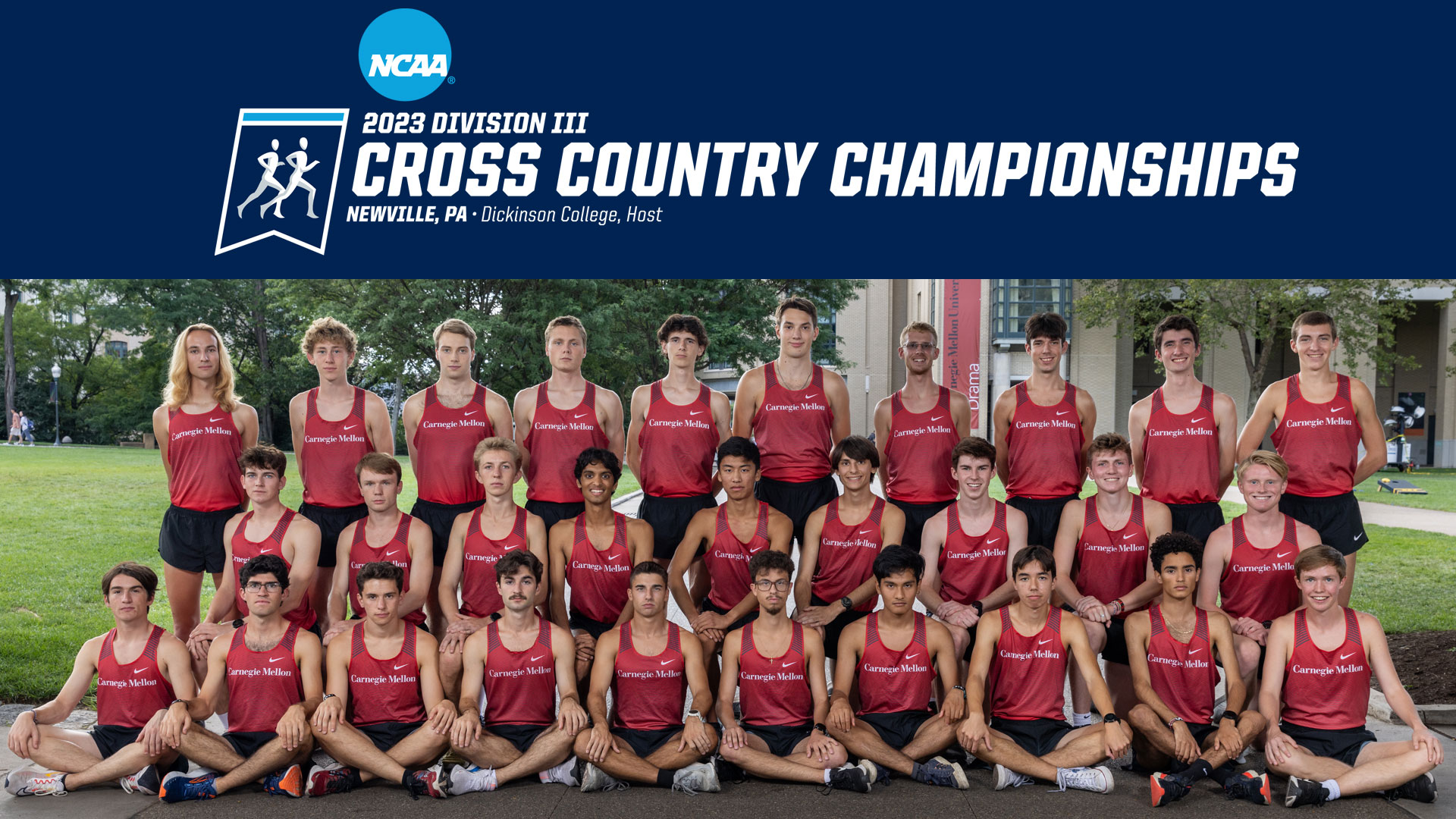 team photo of men's cross country team wearing red jersey tops with NCAA logo reading 2023 Division III Cross Country Championships