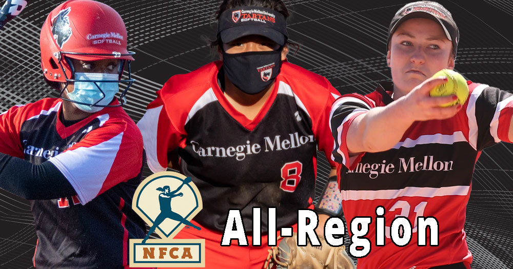 black and white wavy plaid background with a softball batter, softball fielder, and softball pitcher with NFCA logo and text reading All-Region