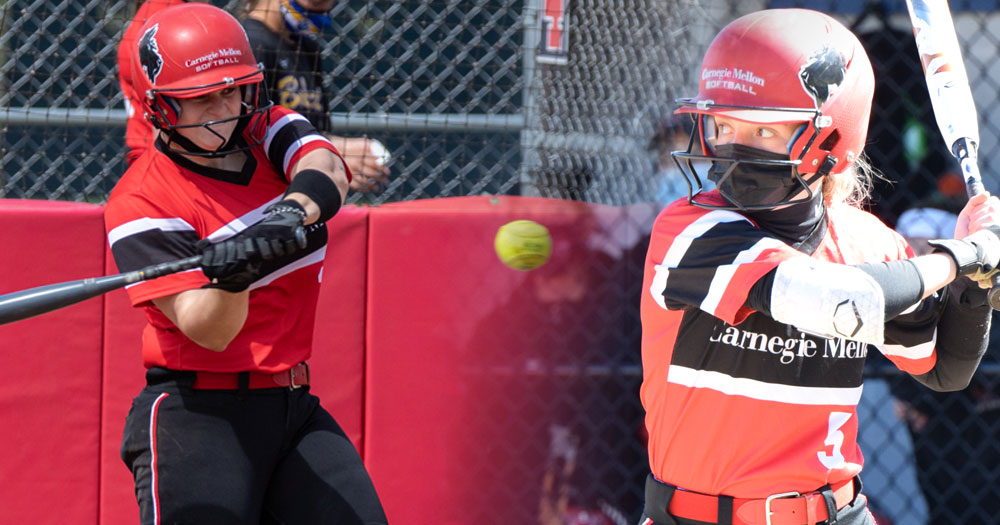 Two merged images with left of right-handed softball batter in mid swing and right photo of left-handed softball batter waiting for a pitch