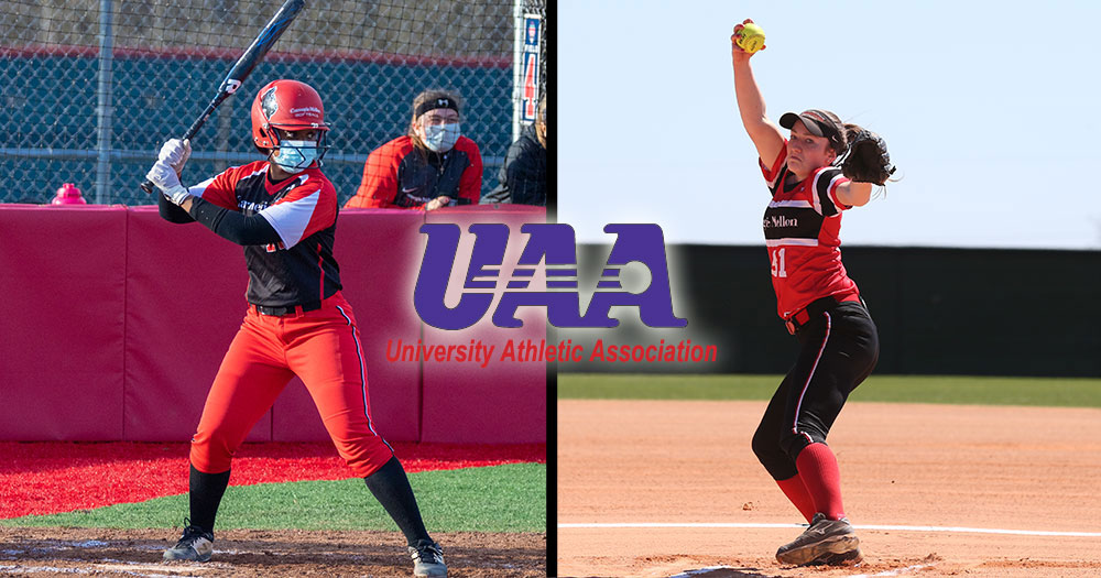 softball hitter preparing for a pitch and softball pitcher in motion with UAA logo in the middle