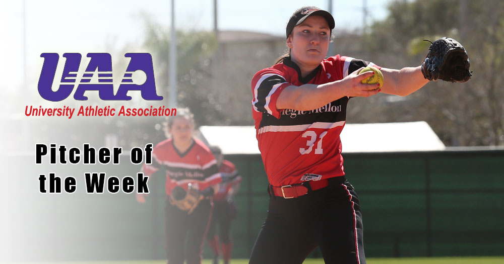 softball pitcher at start of pitching motion with UAA logo and words that read Pitcher of the Week