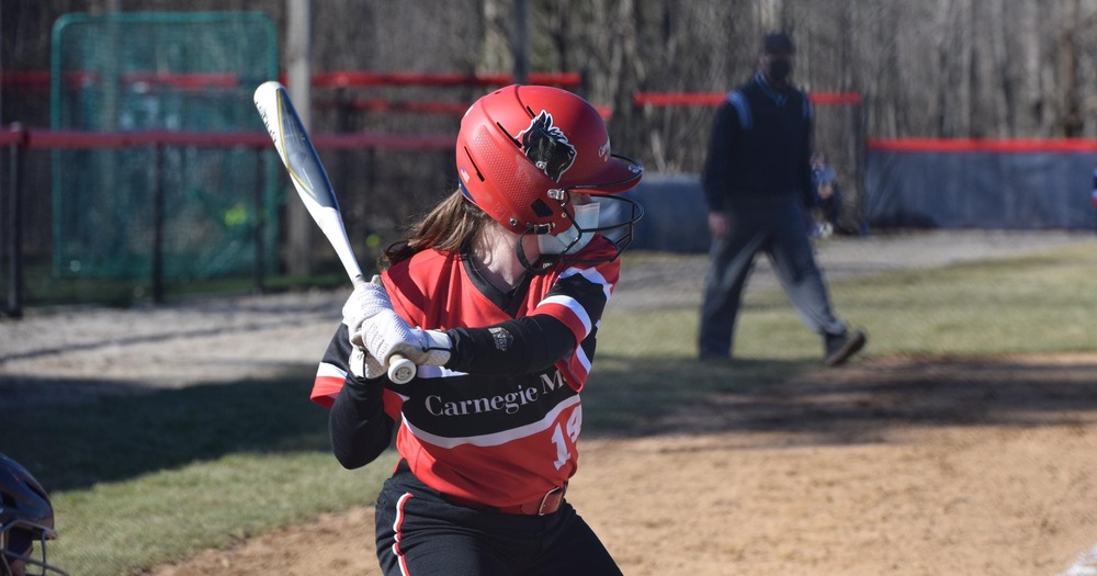 Right-handed softball hitter preparing for a pitch with umpire down third baseline 