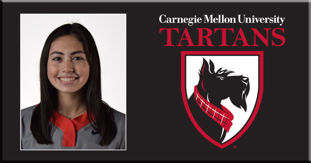 portrait of woman with dark hair in a white box with Carnegie Mellon Tartans logo to the side